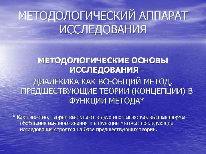 МЕТОДОЛОГИЧЕСКИЙ АППАРАТ ИССЛЕДОВАНИЯ МЕТОДОЛОГИЧЕСКИЕ ОСНОВЫ ИССЛЕДОВАНИЯ ДИАЛЕКИКА КАК ВСЕОБЩИЙ МЕТОД, ПРЕДШЕСТВУЮЩИЕ ТЕОРИИ (КОНЦЕПЦИИ) В