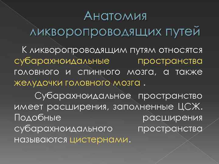 Анатомия ликворопроводящих путей К ликворопроводящим путям относятся субарахноидальные пространства головного и спинного мозга, а