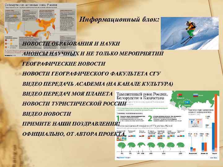 Информационный блок: НОВОСТИ ОБРАЗОВАНИЯ И НАУКИ АНОНСЫ НАУЧНЫХ И НЕ ТОЛЬКО МЕРОПРИЯТИЙ ГЕОГРАФИЧЕСКИЕ НОВОСТИ