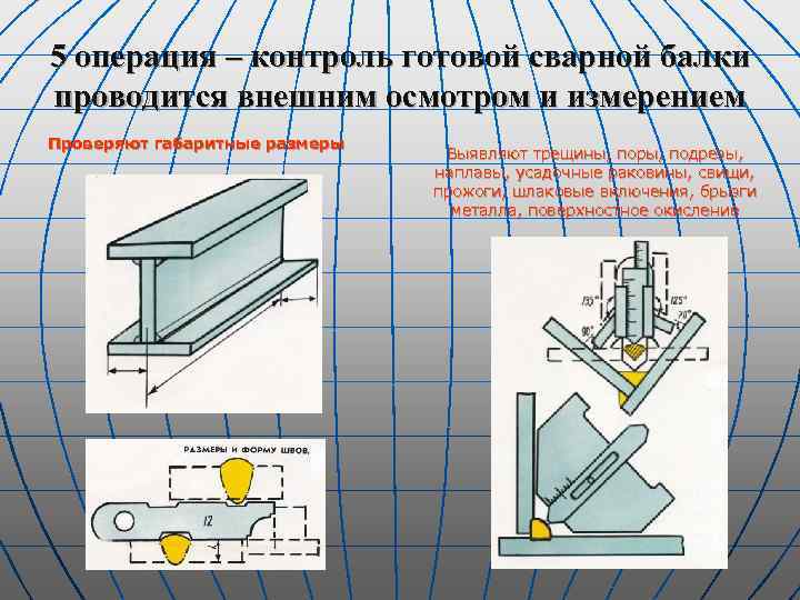 5 операция – контроль готовой сварной балки проводится внешним осмотром и измерением Проверяют габаритные