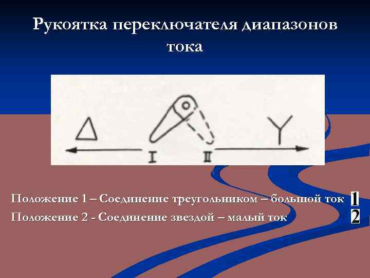 Рукоятка переключателя диапазонов тока Положение 1 – Соединение треугольником – большой ток Положение 2
