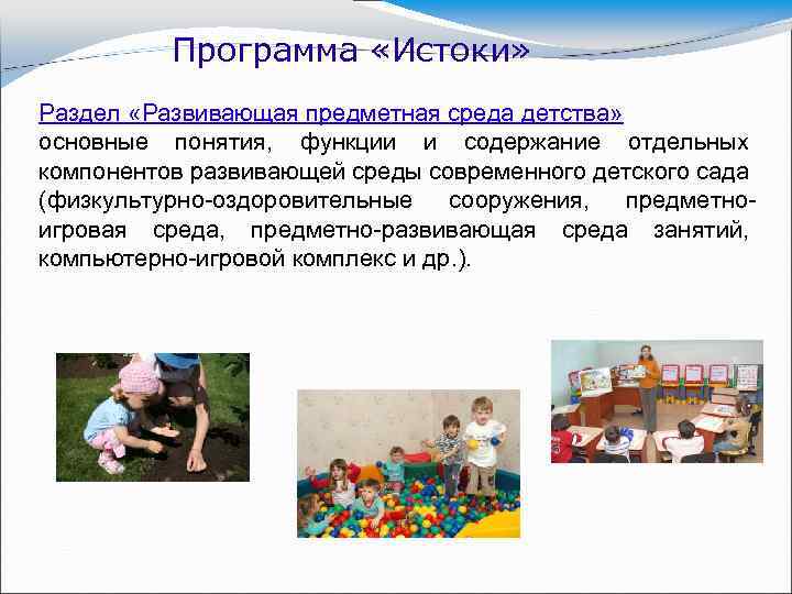 Программа «Истоки» Раздел «Развивающая предметная среда детства» основные понятия, функции и содержание отдельных компонентов