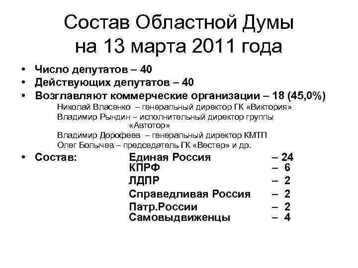 Состав Областной Думы на 13 марта 2011 года • Число депутатов – 40 •