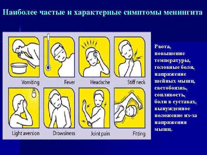 Наиболее частые и характерные симптомы менингита Рвота, повышение температуры, головные боли, напряжение шейных мышц,