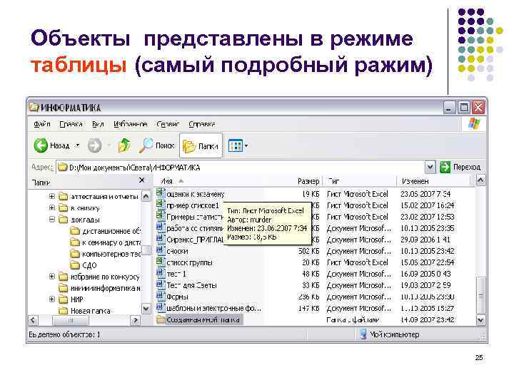 Объекты представлены в режиме таблицы (самый подробный ражим) 25 