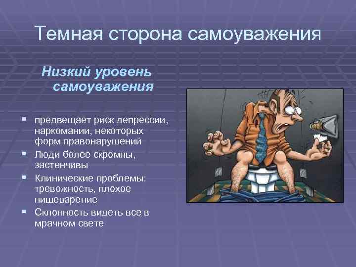 Темная сторона самоуважения Низкий уровень самоуважения § предвещает риск депрессии, наркомании, некоторых форм правонарушений