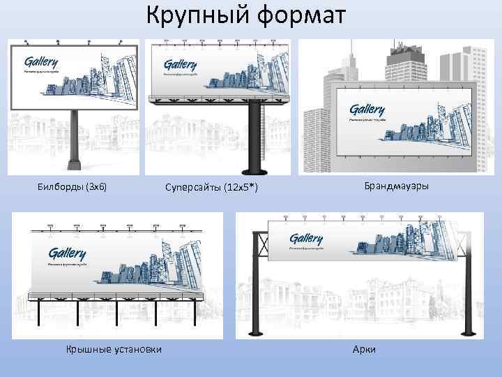 Крупный формат Билборды (3 х6) Крышные установки Суперсайты (12 х5*) Брандмауэры Арки 