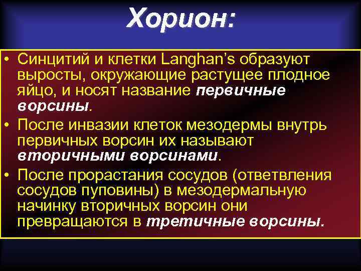 Хорион: • Синцитий и клетки Langhan’s образуют выросты, окружающие растущее плодное яйцо, и носят