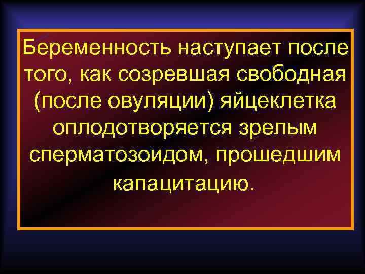 Беременность наступает после того, как созревшая свободная (после овуляции) яйцеклетка оплодотворяется зрелым сперматозоидом, прошедшим