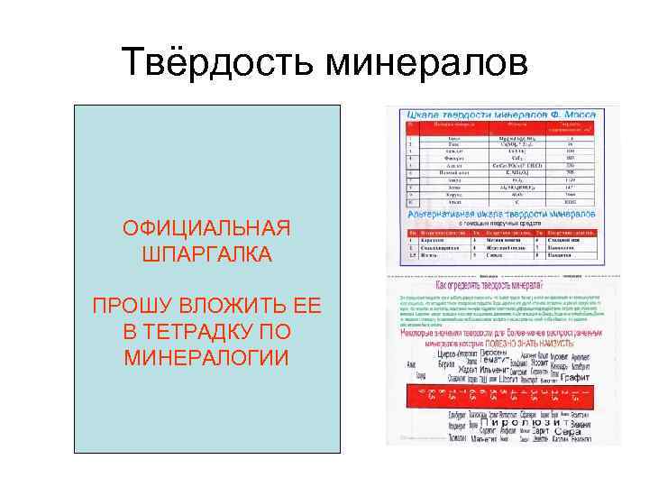 Твёрдость минералов ОФИЦИАЛЬНАЯ ШПАРГАЛКА ПРОШУ ВЛОЖИТЬ ЕЕ В ТЕТРАДКУ ПО МИНЕРАЛОГИИ 