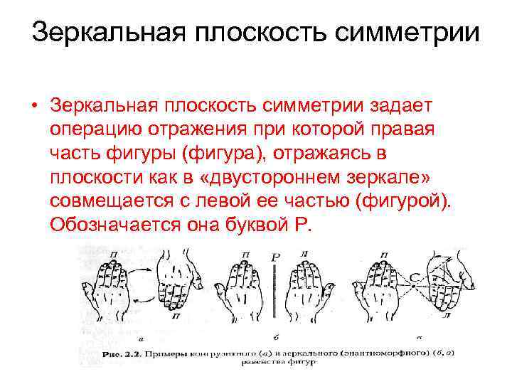 Зеркальная плоскость симметрии • Зеркальная плоскость симметрии задает операцию отражения при которой правая часть