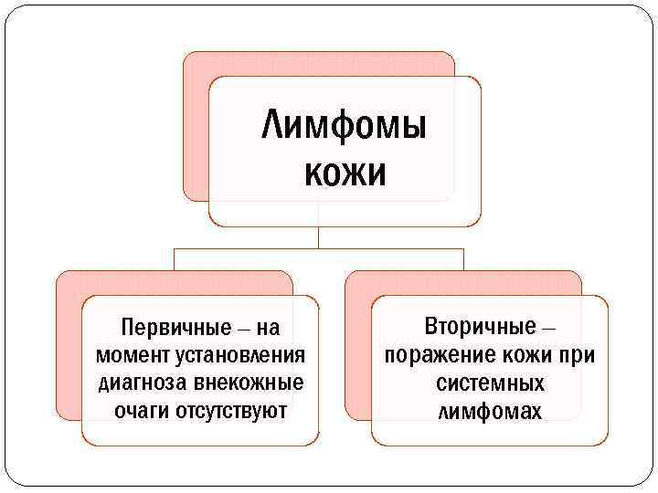 Лимфомы кожи Первичные – на момент установления диагноза внекожные очаги отсутствуют Вторичные – поражение