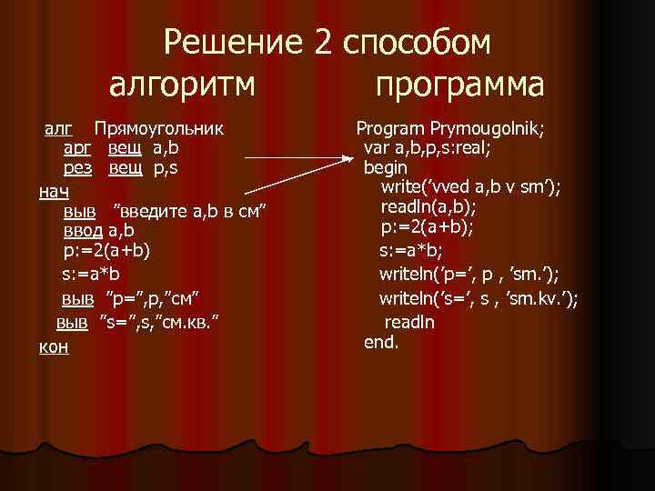Решение 2 способом алгоритм программа алг Прямоугольник арг вещ a, b рез вещ p,