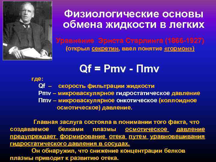 Физиологические основы обмена жидкости в легких Уравнение Эрнста Старлинга (1866 -1927) (открыл секретин, ввел