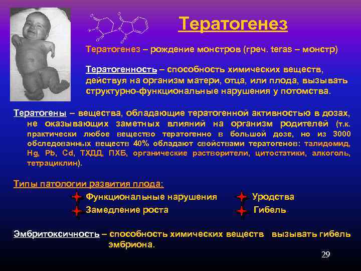 Тератогенез – рождение монстров (греч. teras – монстр) Тератогенность – способность химических веществ, действуя
