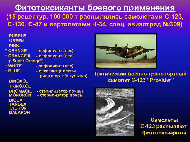 Фитотоксиканты боевого применения (15 рецептур, 100 000 т распылялись самолетами C-123, C-130, C-47 и