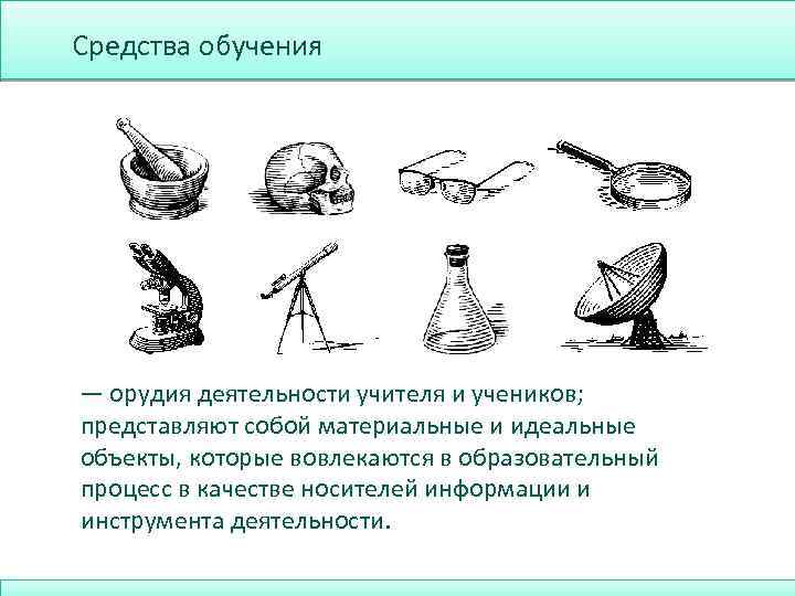 Средства обучения — орудия деятельности учителя и учеников; представляют собой материальные и идеальные объекты,