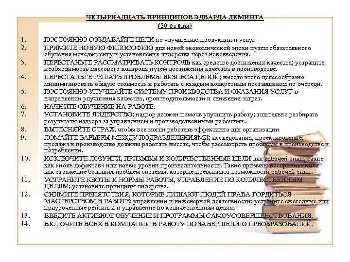 ЧЕТЫРНАДЦАТЬ ПРИНЦИПОВ ЭДВАРДА ДЕМИНГА (50 -е годы) 1. 2. 3. 4. 5. 6. 7.
