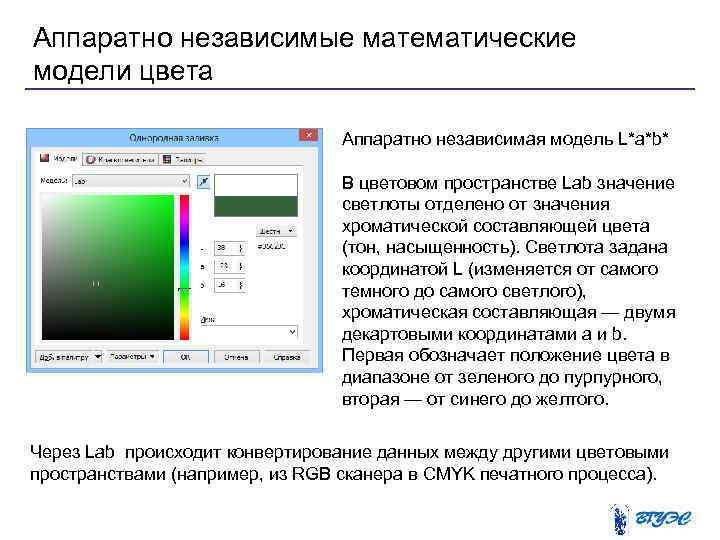 Аппаратно независимые математические модели цвета Аппаратно независимая модель L*a*b* В цветовом пространстве Lab значение