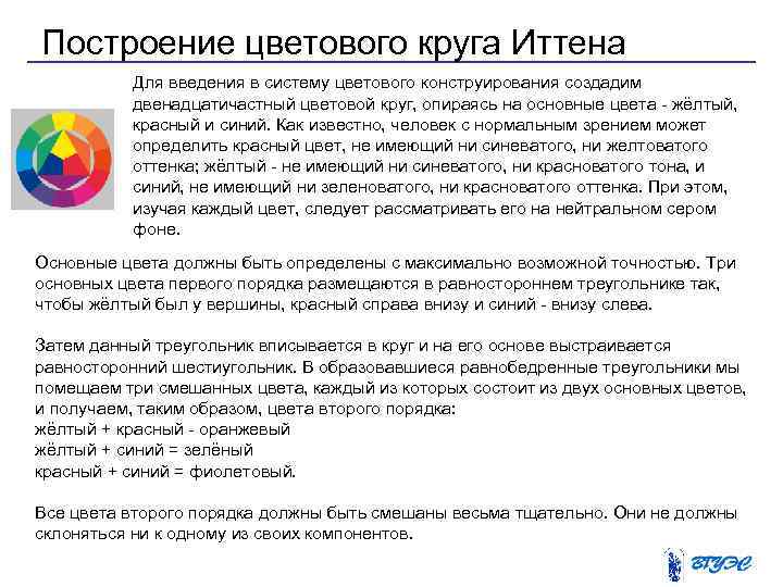 Построение цветового круга Иттена Для введения в систему цветового конструирования создадим двенадцатичастный цветовой круг,