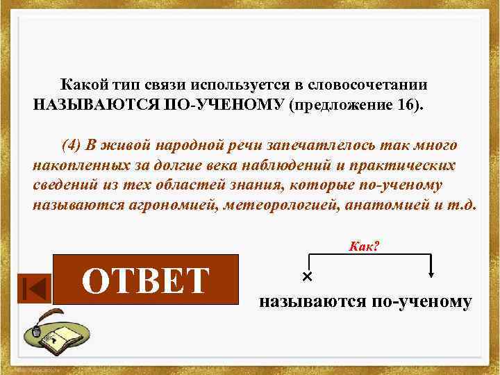 Какой тип связи используется в словосочетании НАЗЫВАЮТСЯ ПО-УЧЕНОМУ (предложение 16). (4) В живой народной