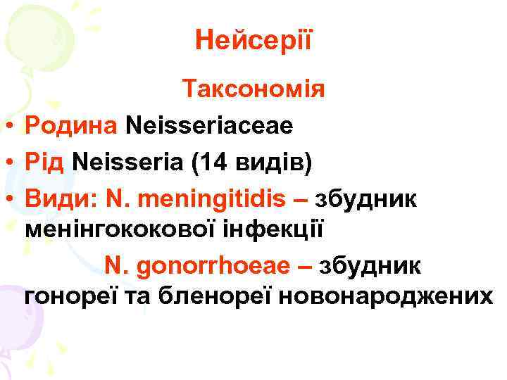 Нейсерії Таксономія • Родина Neisseriaceae • Рід Neisseria (14 видів) • Види: N. meningitidis