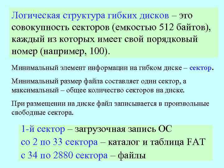 Логическая структура гибких дисков – это совокупность секторов (емкостью 512 байтов), каждый из которых