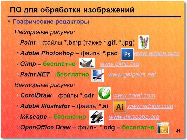 ПО для обработки изображений Графические редакторы Растровые рисунки: ▫ Paint – файлы *. bmp