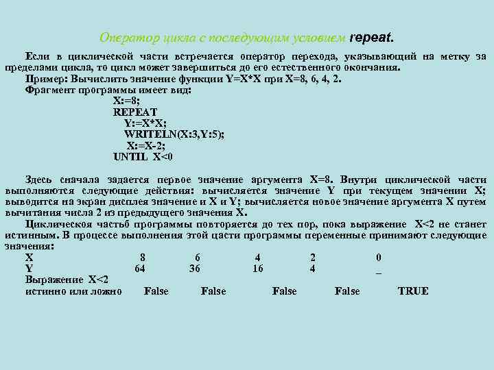 Оператор цикла с последующим условием repeat. Если в циклической части встречается оператор перехода, указывающий