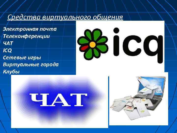 Средства виртуального общения Электронная почта Телеконференции ЧАТ ICQ Сетевые игры Виртуальные города Клубы 