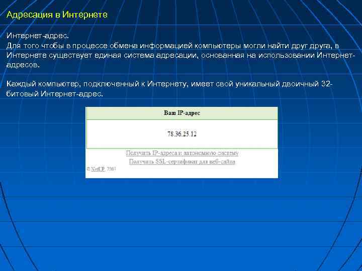 Адресация в Интернете Интернет-адрес. Для того чтобы в процессе обмена информацией компьютеры могли найти