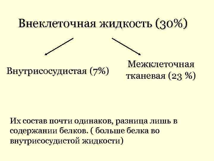 Внеклеточная жидкость (30%) Внутрисосудистая (7%) Межклеточная тканевая (23 %) Их состав почти одинаков, разница