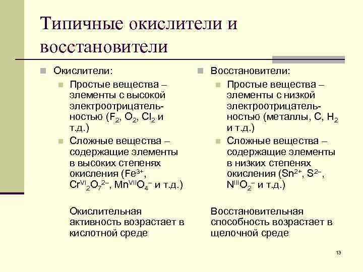 Типичные окислители и восстановители n Окислители: n n Простые вещества – элементы с высокой