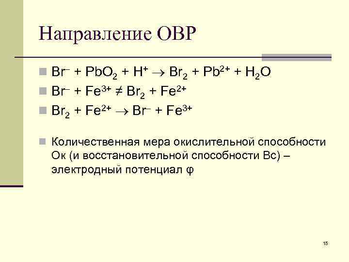 Направление ОВР n Br– + Pb. O 2 + H+ Br 2 + Pb