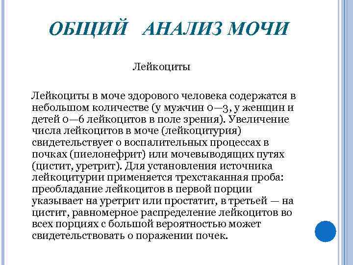 ОБЩИЙ АНАЛИЗ МОЧИ Лейкоциты в моче здорового человека содержатся в небольшом количестве (у мужчин