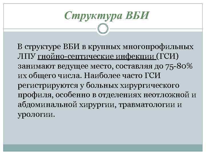 Структура ВБИ В структуре ВБИ в крупных многопрофильных ЛПУ гнойно-септические инфекции (ГСИ) занимают ведущее