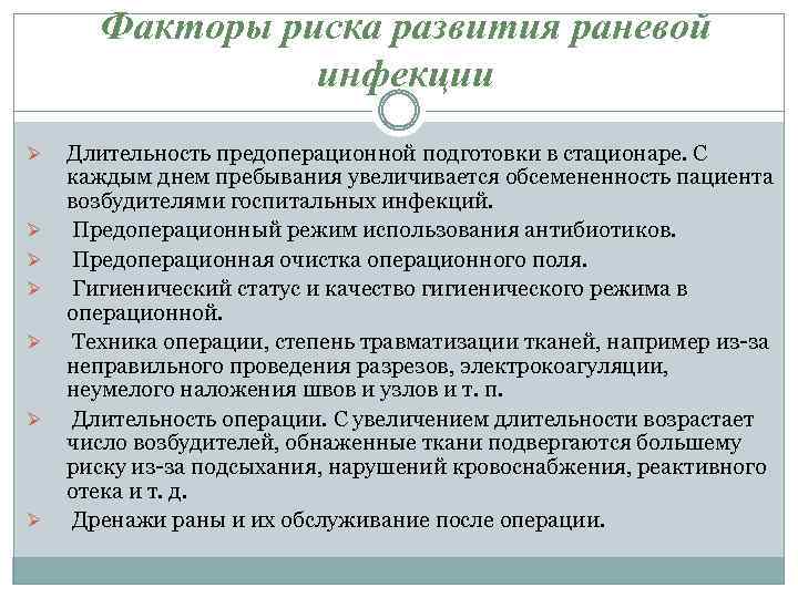 Факторы риска развития раневой инфекции Ø Ø Ø Ø Длительность предоперационной подготовки в стационаре.
