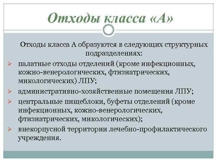 Отходы класса «А» Ø Ø Отходы класса А образуются в следующих структурных подразделениях: палатные
