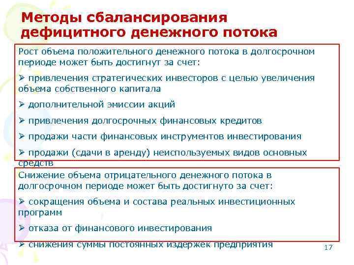 Методы сбалансирования дефицитного денежного потока Рост объема положительного денежного потока в долгосрочном периоде может