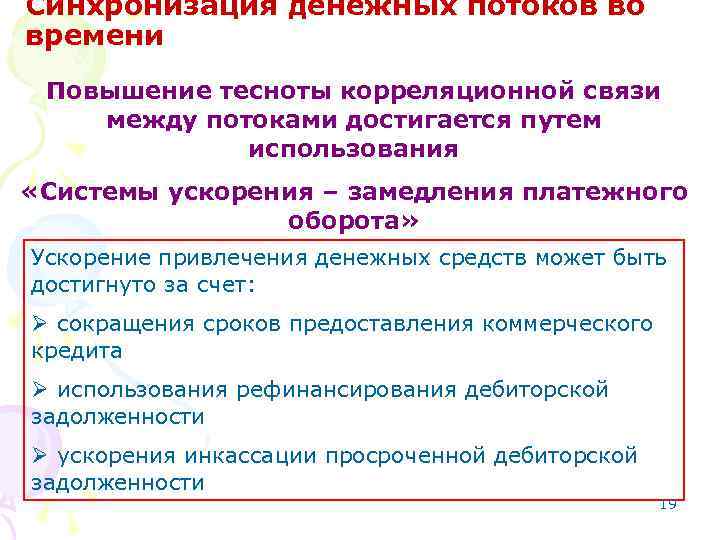 Синхронизация денежных потоков во времени Повышение тесноты корреляционной связи между потоками достигается путем использования