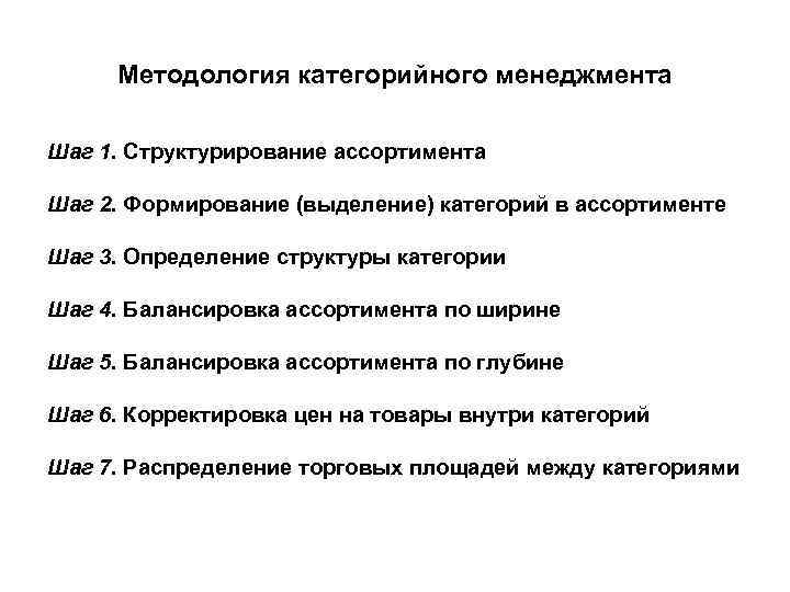 Методология категорийного менеджмента Шаг 1. Структурирование ассортимента Шаг 2. Формирование (выделение) категорий в ассортименте