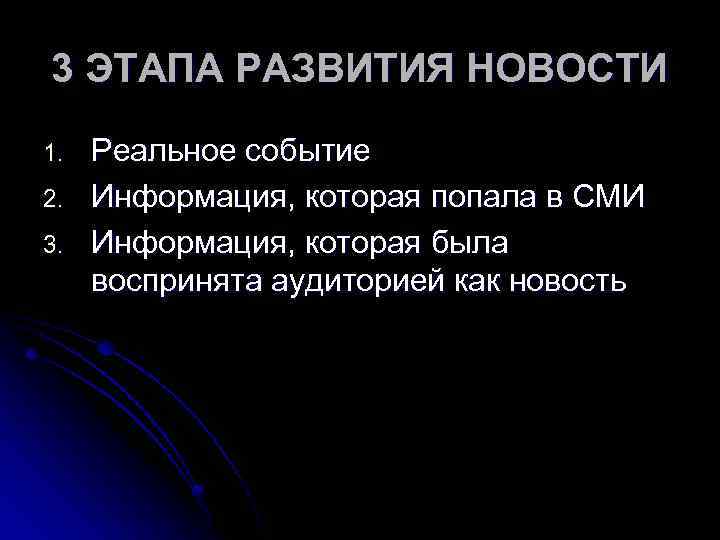 3 ЭТАПА РАЗВИТИЯ НОВОСТИ 1. 2. 3. Реальное событие Информация, которая попала в СМИ