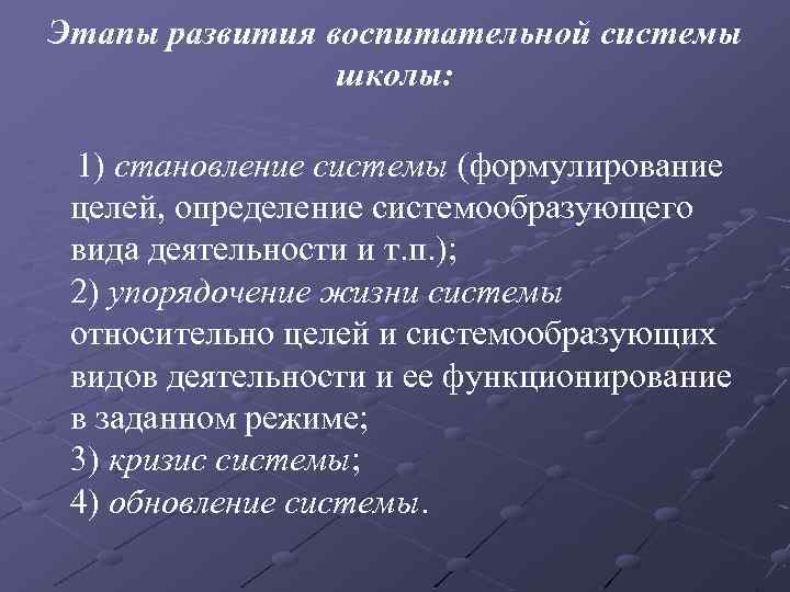 Этапы развития воспитательной системы школы: 1) становление системы (формулирование целей, определение системообразующего вида деятельности