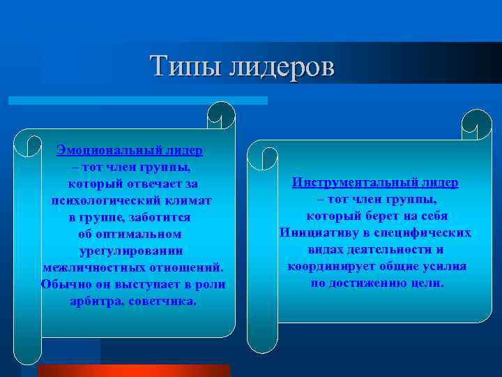 Типы лидеров Эмоциональный лидер – тот член группы, который отвечает за психологический климат в