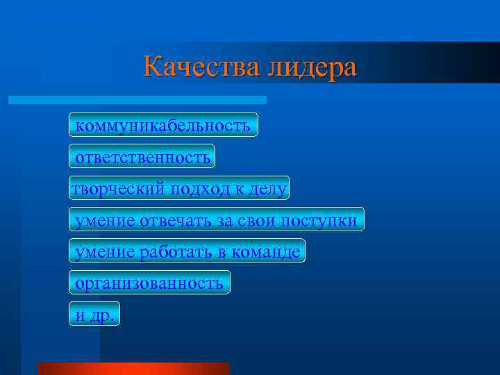 Качества лидера коммуникабельность ответственность творческий подход к делу умение отвечать за свои поступки умение