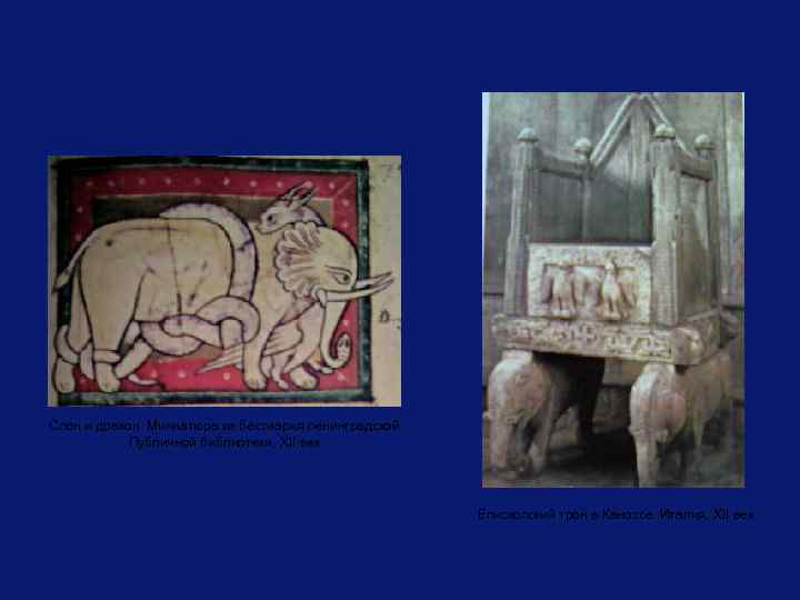 Слон и дракон. Миниатюра из бестиария ленинградской Публичной библиотеки, XII век. Епископский трон в