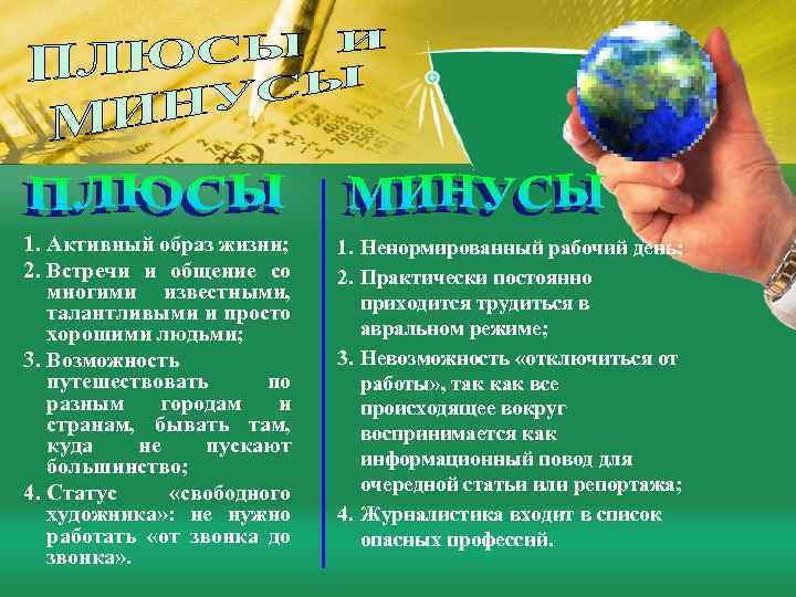 1. Активный образ жизни; 2. Встречи и общение со многими известными, талантливыми и просто