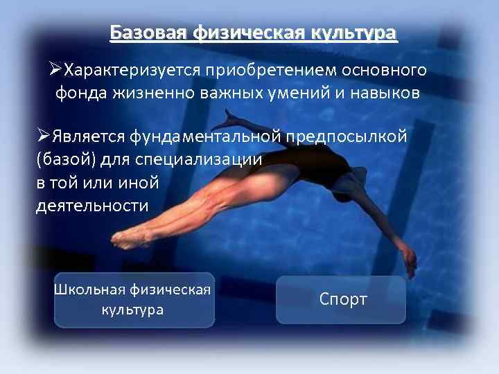 Базовая физическая культура ØХарактеризуется приобретением основного фонда жизненно важных умений и навыков ØЯвляется фундаментальной