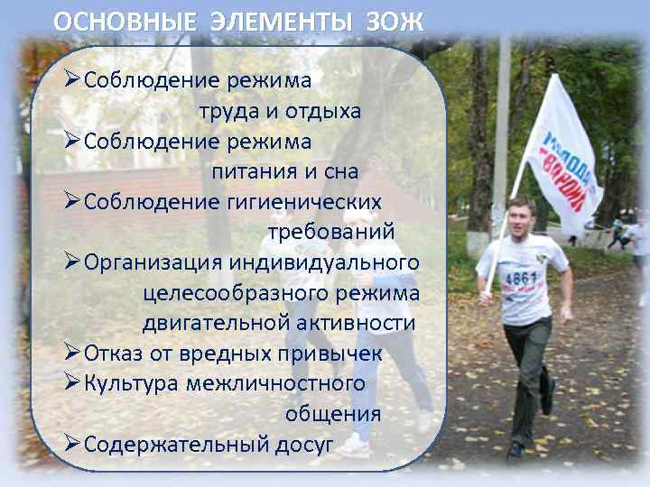 ОСНОВНЫЕ ЭЛЕМЕНТЫ ЗОЖ ØСоблюдение режима труда и отдыха ØСоблюдение режима питания и сна ØСоблюдение