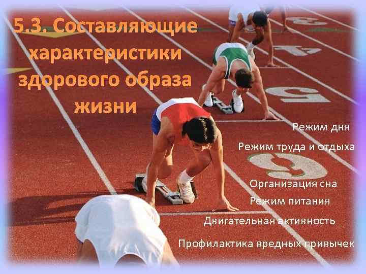 5. 3. Составляющие характеристики здорового образа жизни Режим дня Режим труда и отдыха Организация